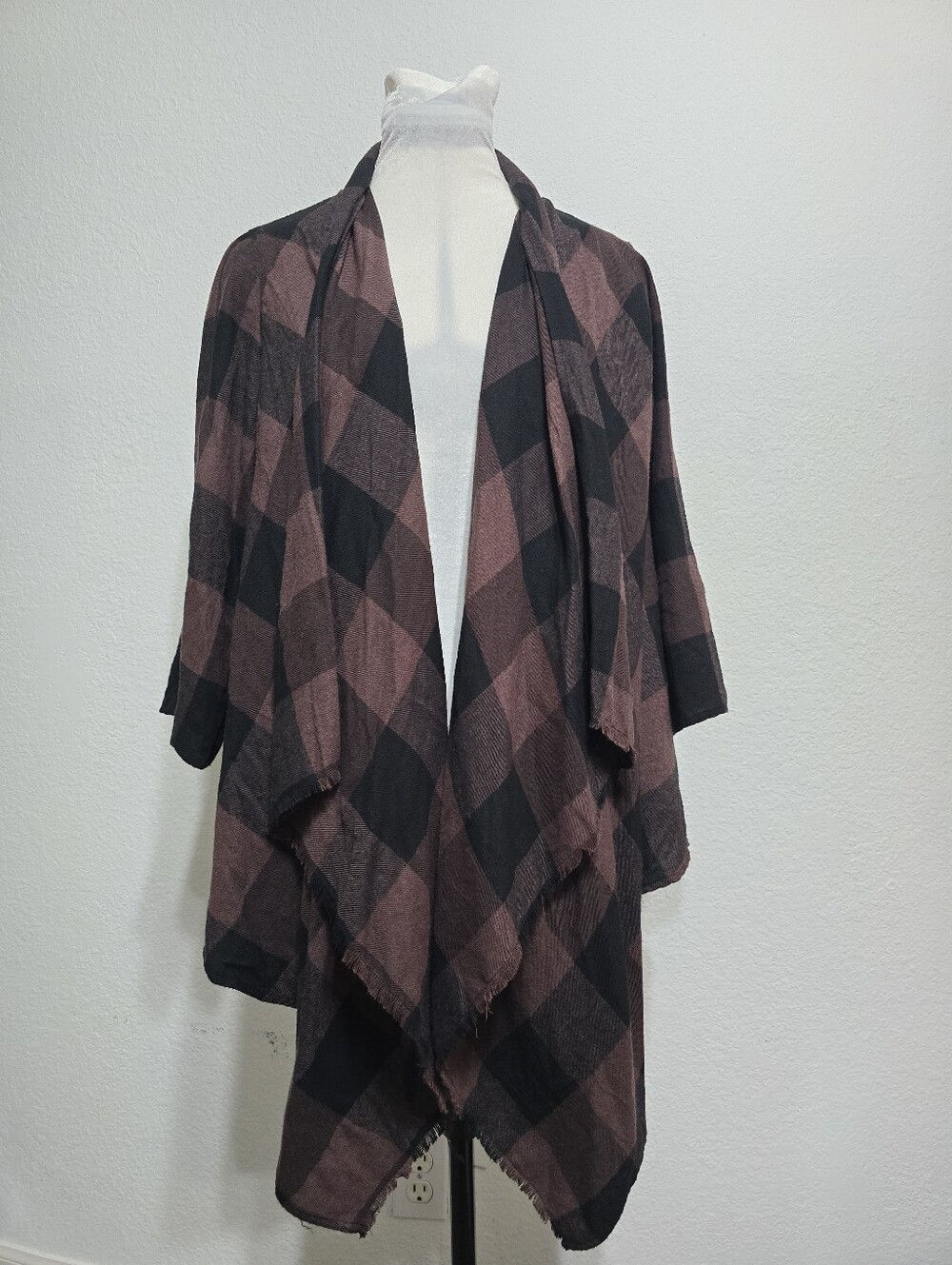 Knox Rose Buffalo Plaid Open Front Cardigan Waterfall Plum Grunge Cozy Boho Med